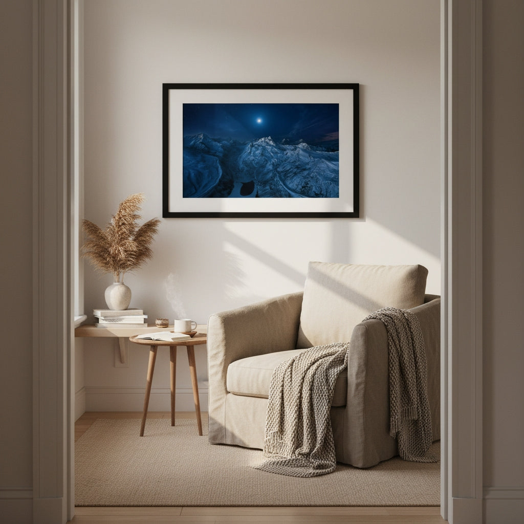 Moon over the Snowfield | Premium Framed Mountain Wall Art